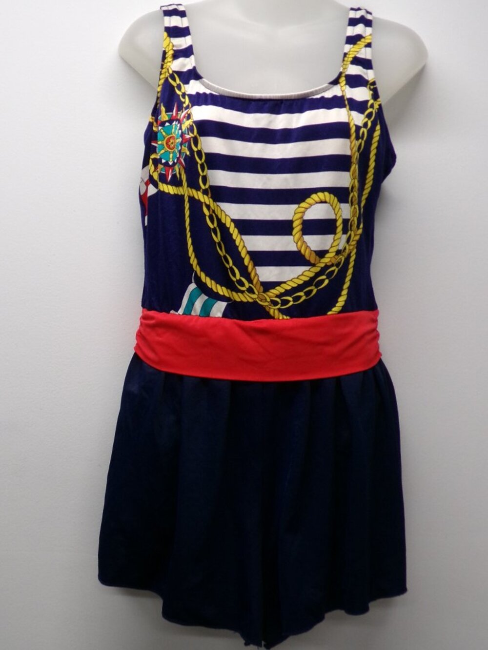 VTG 80s TALBOTS SIRENA Nautical Blue Red Print Romper One Piece Swim Suit sz 16